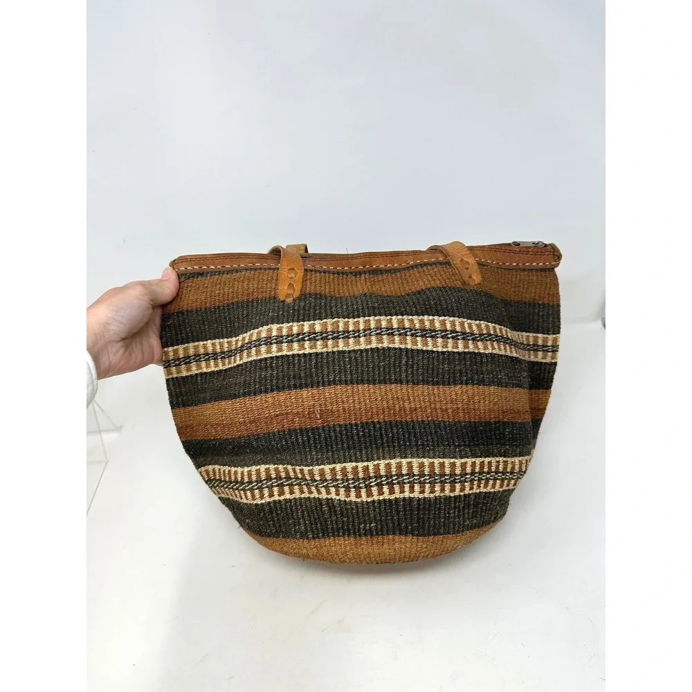 Unbranded Medium Brown Stripes Sisal Jute Basket Bag